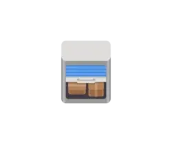 Small gray vending machine with an open blue drawer showing two brown boxes inside.
