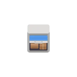 Small gray vending machine with an open blue drawer showing two brown boxes inside.
