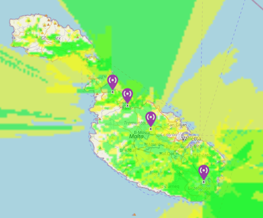 proposed map of nodes in malta and goxo with estimated coverage (3) - Open Source Society Malta