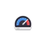 Circular performance gauge icon showing safe (blue) to critical (red) zones with a needle