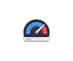 Circular performance gauge icon showing safe (blue) to critical (red) zones with a needle