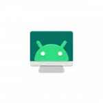 Computer monitor showing the green Android logo on a teal screen.