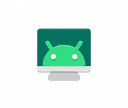 Computer monitor showing the green Android logo on a teal screen.