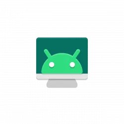Computer monitor showing the green Android logo on a teal screen.