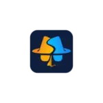 Abstract app icon: two interlocking curved shapes in yellow and blue on a dark blue rounded square background, forming a playful emblem.