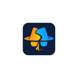 Abstract app icon: two interlocking curved shapes in yellow and blue on a dark blue rounded square background, forming a playful emblem.
