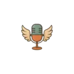 Vintage microphone with golden wings on either side against a black background.
