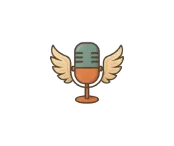 Vintage microphone with golden wings on either side against a black background.