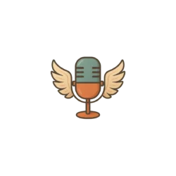 Vintage microphone with golden wings on either side against a black background.