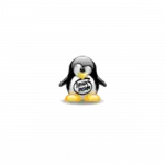 Cartoon penguin sitting and facing forward with black and white body and orange feet and beak.