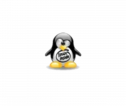 Cartoon penguin sitting and facing forward with black and white body and orange feet and beak.