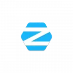 Blue hexagon logo with a white diagonal Z-shaped stripe on a black background