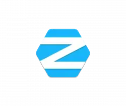 Blue hexagon logo with a white diagonal Z-shaped stripe on a black background