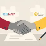 Two hands shake over a signed document, with OSS Malta and Linux Professional Institute logos in the background, symbolizing a partnership.