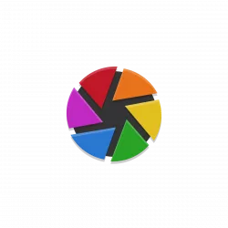 Colorful circular camera shutter logo on black background, rainbow pie-slice segments forming a ring.