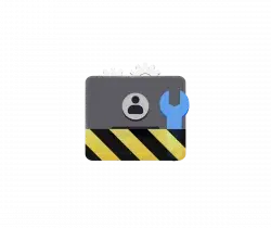 Icon for maintenance: a gear and wrench with a user avatar on a striped caution panel.